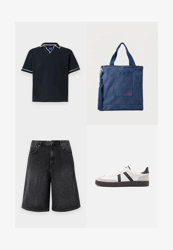 Marineblaues Poloshirt mit kurzen Ärmeln und V-Ausschnitt, weißem Rand an Kragen und Ärmeln, strukturiertem Material und geradem Saum. Blauer Markenetikett innen.; Schwarze Jeans-Shorts mit einem weit geschnittenen, geraden Schnitt, mit einem Frontknopfverschluss und fünf Taschen. Weiche Textur mit einem verwehten Finish.; Weiße Sneaker mit schwarz- und grau-aczenten, ausgestattet mit einer strukturierten grauen Zehenkappe, schwarzer Gummi-Sohle und flachen weißen Schnürsenkeln. Sauberes Design, minimalistische Stil.; Blauer Canvas-Einkaufstasche mit Vordertasche und roter "O.N.S" Stickerei, ausgestattet mit zwei Griffen und einem verstellbaren Schulterriemen.