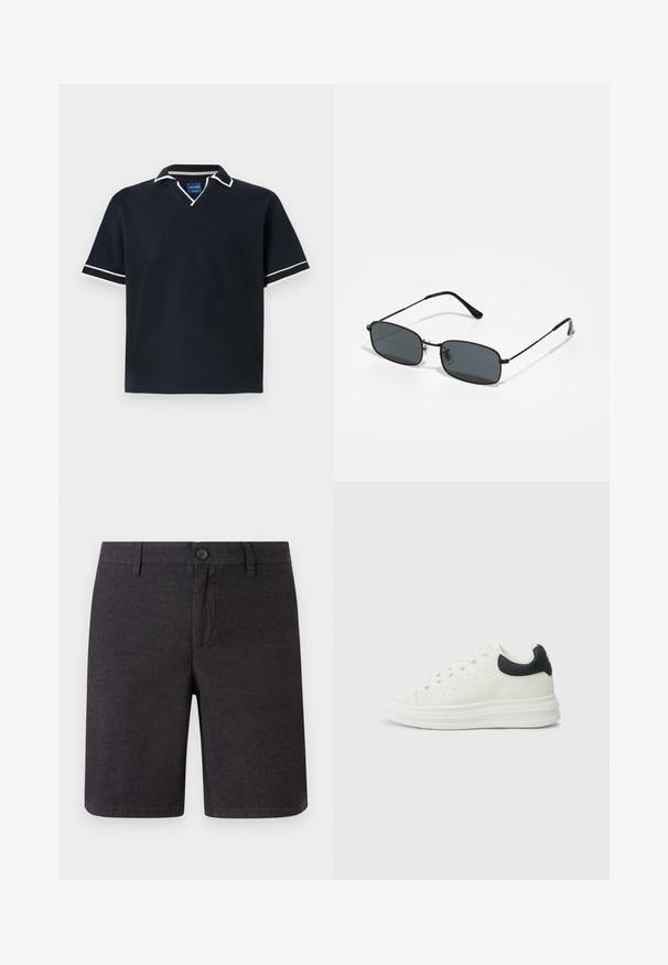 Marineblaues Poloshirt mit kurzen Ärmeln und V-Ausschnitt, weißem Rand an Kragen und Ärmeln, strukturiertem Material und geradem Saum. Blauer Markenetikett innen.; Dunkelgraue Shorts aus gewebtem Material, mit einem Knopfverschluss, Gürtelschlaufen und geradem Bein, sauberen Säumen und Seitentaschen.; Weißer Ledersneaker mit schwarzem Fersenakzent, rundem Zehenbereich, flacher weißer Sohle und Schnürverschluss. Minimale Perforationen an den Seiten.; Schwarze rechteckige Sonnenbrille mit dünnem Metallrahmen und dunklen Gläsern, die auf einer weißen Oberfläche liegt.