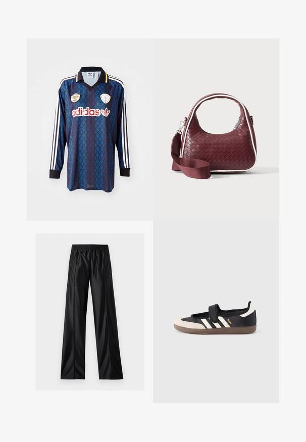 Adidas fodboldtrøje med lange ærmer i navy med blåt bladmønster. Har hvide stribe accenter, sort krave og dekorative mærker på forsiden.; Sorte vidde bukser i kunstlæder med elastisk taljebånd og lynlåslommer i siden, vist på hvid baggrund.; Sort og beige sko med velcrolukning, tre hvide striber på siden og en tekstureret brun gummisål. Mærkelogo er synligt.; Mørkerød vævet lædertaske med buet hank, hvid kant, sølv lynlås og aftagelig bred stofskulderrem mod en ensfarvet baggrund.
