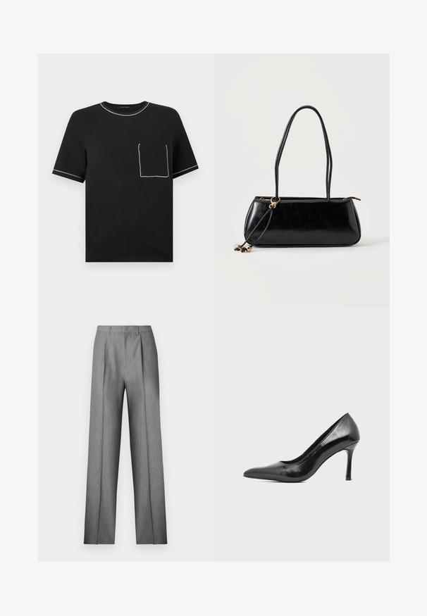 T-shirt noir à manches courtes avec des surpiqûres blanches contrastantes sur le col, les bords des manches et une poche avant sur la poitrine gauche.; Pantalon gris sur mesure avec un devant plissé, une coupe droite et une texture subtile. Il présente une taille avec passants pour ceinture et aucune poche visible.; Chaussure à talon haut pour femme en cuir verni noir avec bout pointu et talon fin sur fond clair uni.; Sac à main rectangulaire noir avec deux longues bandoulières, détail anneau doré et fermeture éclair sur un fond clair uni.