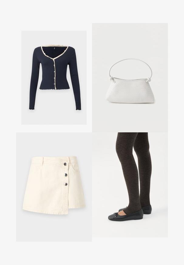Cardigan court bleu marine à manches longues avec bordure beige à volants, col en V et boutons à l'avant sur fond clair uni.; Mini-jupe en denim couleur crème avec fermeture asymétrique à boutons, passants de ceinture et poches avant.; Jambes portant des leggings côtelés foncés associés à des ballerines noires avec de petits détails en nœud sur fond blanc.; Sac à main en cuir tressé blanc avec poignée arrondie et extrémités de lanière nouées, présenté sur un fond uni.