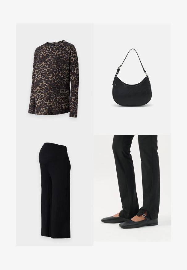 Top de manga larga con estampado de leopardo, presenta un escote redondo y una tela suave. Los colores predominantes son el negro y el marrón con acentos en beige claro.; Pantalones anchos de canalé negros con una cintura alta. La tela es suave y elástica, creando un ajuste relajado a lo largo de las piernas.; Piernas con pantalones ajustados negros con aberturas frontales en el dobladillo, combinados con zapatos planos Mary Jane negros con una pequeña correa con hebilla.; Bolso hobo negro hecho de cuero suave con una silueta curva, que cuenta con una sola correa ajustable y detalles de diseño minimalistas.