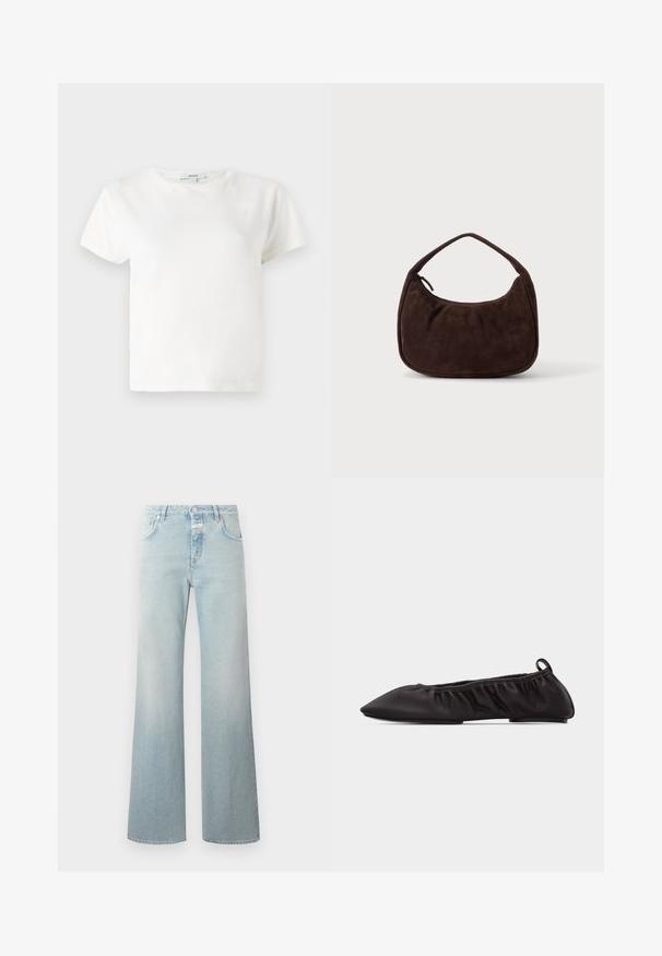 T-shirt en coton blanc à manches courtes, col rond et coupe décontractée. Étiquette visible au niveau du col, texture lisse. Design simple, sans motifs.; CLOSED GILLAN - Wide Leg - light blue; Ballerine plate en cuir noir souple avec bout pointu, côtés élastiqués froncés et languette de tirage au talon sur fond blanc.; Sac à main en daim marron foncé avec une courte sangle et une forme rectangulaire arrondie sur un fond uni clair.
