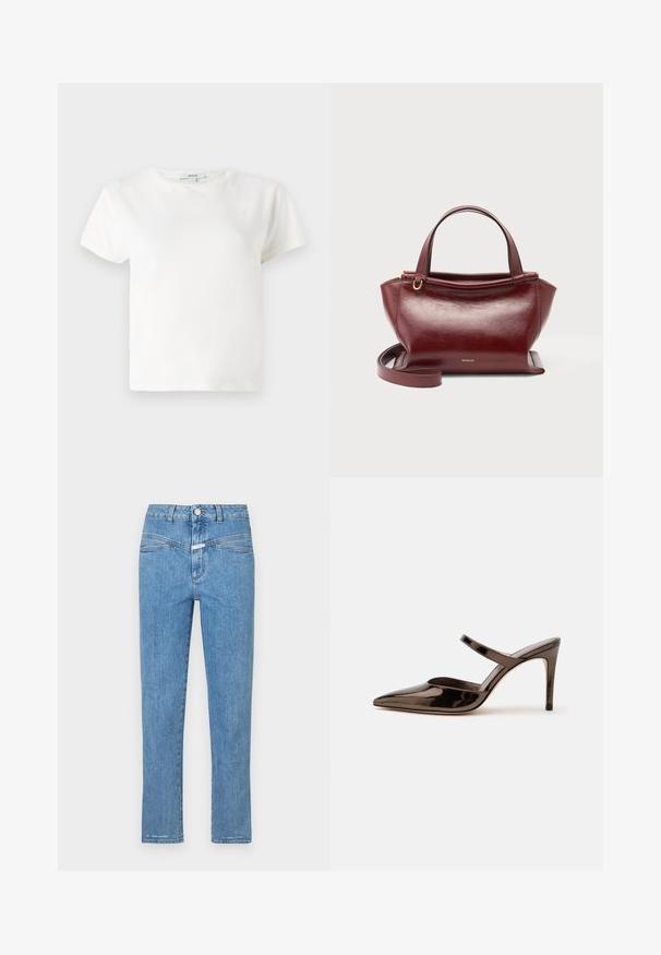 T-shirt en coton blanc à manches courtes, col rond et coupe décontractée. Étiquette visible au niveau du col, texture lisse. Design simple, sans motifs.; Jeans en denim bleu clair avec une coupe droite, cinq poches et une fermeture à bouton. Présente une texture légèrement délavée et un minimum de coutures.; Mule à talon haut marron foncé brillant à bout pointu avec une fine bride sur le coup de pied sur fond blanc uni.; Sac à main en cuir rouge foncé avec doubles poignées supérieures, bandoulière amovible, ferrures dorées et nom de la marque Wandler au centre avant.