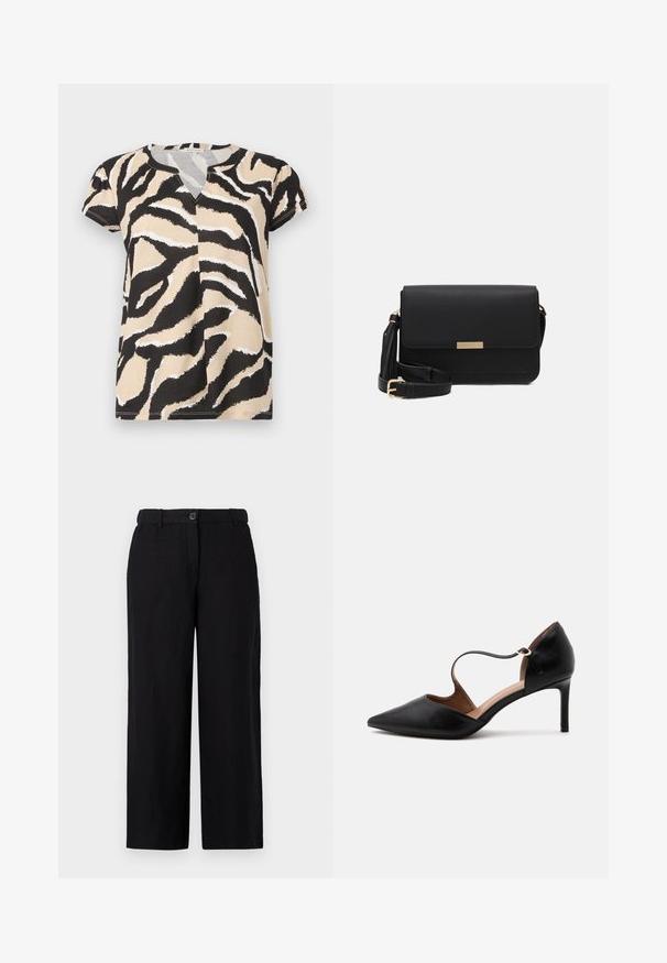 T-shirt à manches courtes avec un décolleté en V, présentant un imprimé zèbre abstrait noir, beige et blanc sur un tissu doux. Coupe décontractée.; Pantalons larges noirs en tissu léger, dotés d'une fermeture à bouton sur le devant et de passants de ceinture. Texture lisse sans motifs visibles.; Chaussure à talon haut en cuir noir à bout pointu avec une fine bride à la cheville et un talon stiletto de hauteur moyenne sur fond blanc.; Sac en cuir noir avec un rabat, accents en matériel doré, sangle réglable et surface texturée. Forme rectangulaire compacte.