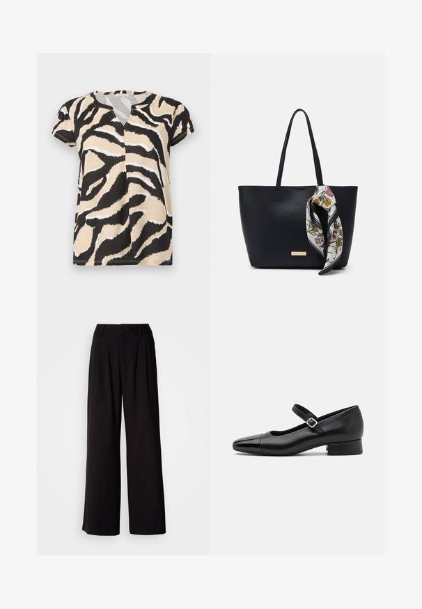 T-shirt à manches courtes avec un décolleté en V, présentant un imprimé zèbre abstrait noir, beige et blanc sur un tissu doux. Coupe décontractée.; Pantalon large noir en tissu lisse, avec des plis à l'avant, une taille ajustée, et sans motifs ni accents visibles.; Chaussures Mary Jane en cuir noir avec un embout en vernis, une sangle cheville réglable et un petit talon carré. Texture lisse et design élégant.; Sac fourre-tout en cuir noir avec deux poignées, orné d'une écharpe en soie florale attachée à la poignée et d'un accent logo métallique à l'avant.