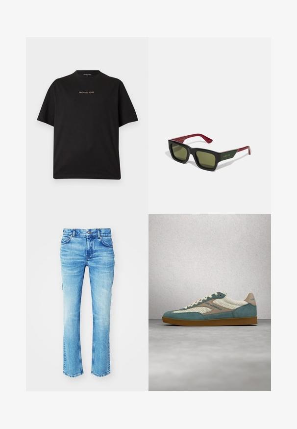 Zwart T-shirt met korte mouwen en ronde hals met het "MICHAEL KORS"-logo gecentreerd in kleine gouden letters op de borst.; Blauwe denim jeans met een vervaagde wassing, recht model en ruwe zoom. Heeft een vijf-pocketstijl en metalen knoopdetails.; Casual sneaker met crèmekleurig mesh, teal suède accenten, beige details, witte veters en gumzool, met het merk "KARL LAGERFELD" op de zijkant.; Zwarte rechthoekige zonnebril met groengetinte lenzen en dieprode pootjes. Kenmerkt het "GUCCI"-logo in goud aan de buitenzijde van een pootje.