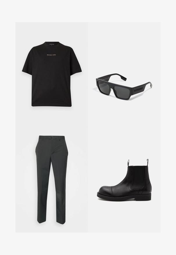 Zwart T-shirt met korte mouwen en ronde hals met het "MICHAEL KORS"-logo gecentreerd in kleine gouden letters op de borst.; Neil Barrett PLEAT TROUSERS - Broek - black; Zwarte leren Chelsea-boot met afgeronde neus, elastische zijpanelen, aantreklussen voor en achter, platte zool, van opzij getoond op witte achtergrond.; Zwarte zonnebril met een rechthoekige vorm, matte afwerking en grijze lenzen. Voorzien van een reliëflogo op de pootjes. Klassiek ontwerp.