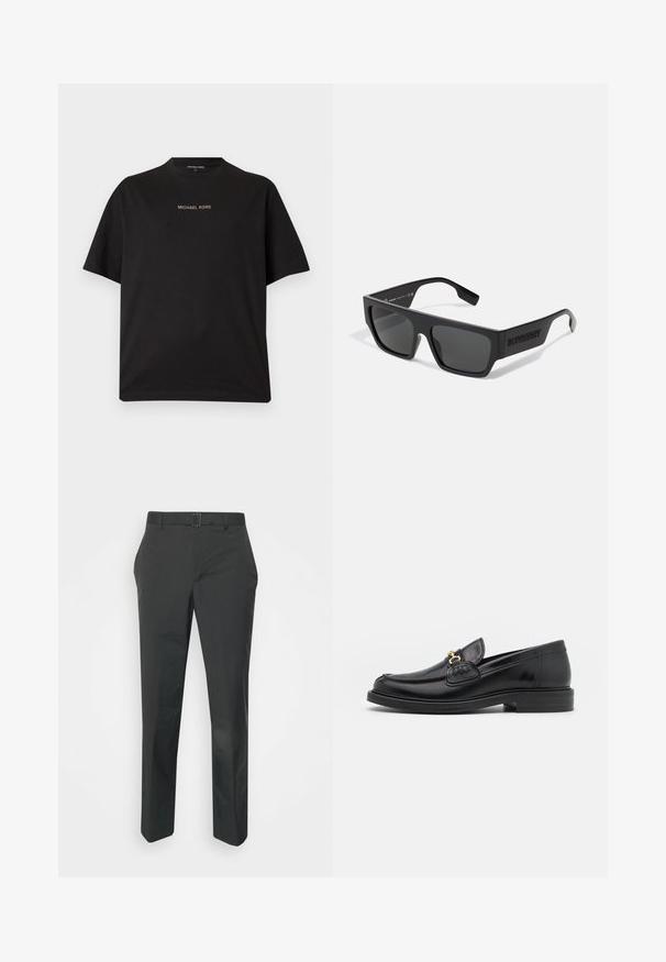 Schwarzes T-Shirt mit kurzen Ärmeln und Rundhalsausschnitt, mit dem „MICHAEL KORS“-Logo in kleinem goldfarbenem Text auf der Brust zentriert.; Neil Barrett PLEAT TROUSERS - Stoffhose - black; Schwarze Lederleter mit einer abgerundeten Zehenpartie, ausgestattet mit goldenen Hardwareakzenten und Stichdetails, auf einer niedrigen, strukturierten Gummisohle.; Schwarze Sonnenbrille mit rechteckiger Form, mattem Finish und grauen Gläsern. Mit eingeprägtem Logo an den Bügeln. Klassisches Design.
