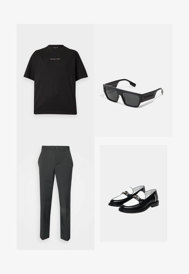 Sort t-shirt med korte ærmer og rund hals med "MICHAEL KORS"-logo centreret i lille guldtekst på brystet.; Neil Barrett PLEAT TROUSERS - Bukser - black; Par sorte og hvide læder loafers med guldkæde på toppen, sat mod en ensartet lys baggrund.; Sorte solbriller med rektangulær form, mat finish og grå linser. Har et prægede logo på stængerne. Klassisk design.
