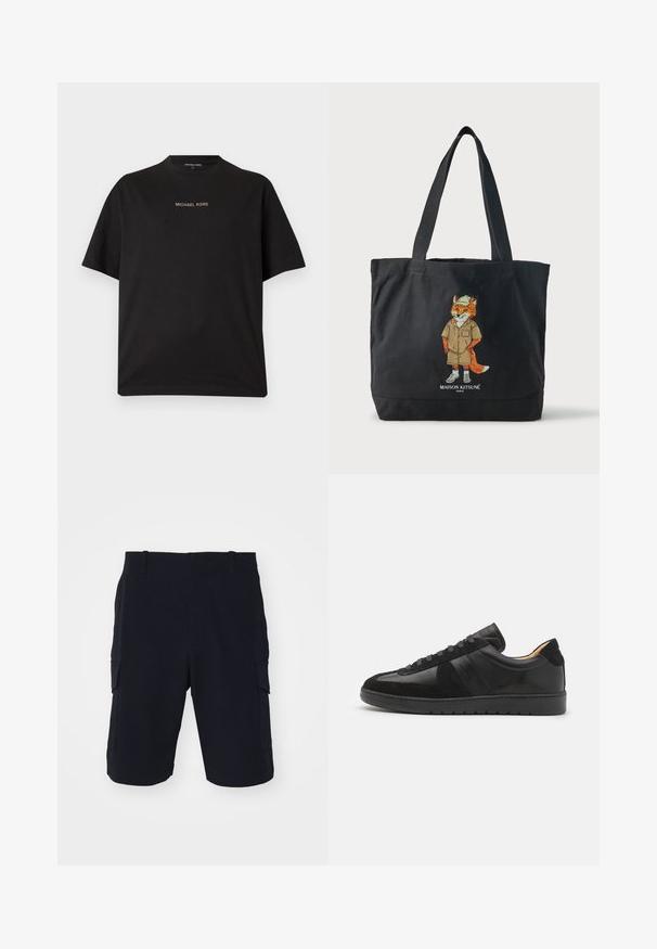 Mustast lühikeste varrukatega ümmarguse kaelusega T-särk, mille rinnal on keskel väike kuldne tekstiga "MICHAEL KORS" logo.; rag & bone CADE - Lühikesed püksid - black; Tiger of Sweden BELLICU - Tossud - black; Mustast kandekotist, millel on kaks käepidet, kujutatud rebane kübaras ja lühikestes pükstes ning allpool tekst "Maison Kitsuné Paris".
