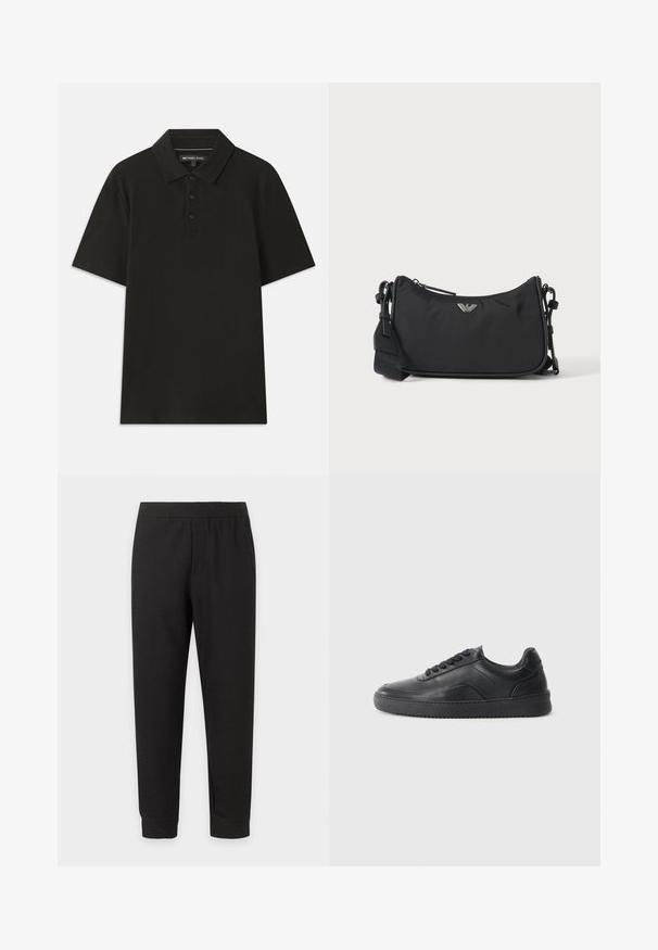 Polo negro hecho de tejido texturizado. Cuenta con una tapeta de tres botones y un cuello estándar. Mangas cortas y dobladillo recto.; Pantalones casual negros con cintura elástica, piernas entalladas y bajos con puños sobre un fondo blanco.; Zapatilla negra de cuero con un acabado suave, punta redondeada, panel lateral texturizado y cordones negros. Presenta una suela de goma plana y un diseño minimalista.; Bolso cruzado rectangular negro con emblema del logo de la marca en plata y correa ajustable sobre fondo claro.