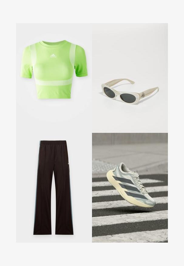 Zkrátené atletické tričko v jasne zelenej farbe. Má krátke rukávy, okrúhly výstrih a biely diagonálny pruhový vzor na pleciach. Logo adidas na prednej strane.; Čierne široké teplákové nohavice s svetlomodrými bočnými pruhmi, elastickým pásom, vreckami na zips a logom Adidas na ľavom bedre.; Svetlosivá a biela teniska s tmavosivými pruhmi, šnúrky zviazané, vznášajúca sa nad čierno-bielym priechodom pre chodcov s pruhmi.; Slnečné okuliare s oválnymi, tmavými šošovkami; ľahký, textúrovaný krémový rám; obsahuje strieborný akcent loga na boku; elegantný, moderný dizajn.