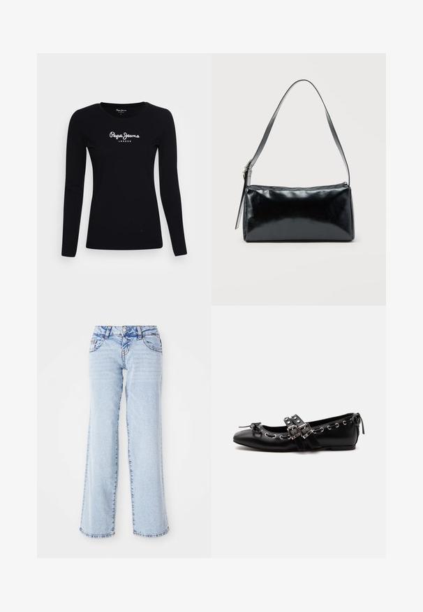 Zwarte langwerpige T-shirt van katoen, met een ronde halslijn en een wit "Pepe Jeans LONDON" logo in het midden.; Lichtblauwe denim jeans met een ontspannen pasvorm, rechte benen en subtiele vervaging. Bevat vijf zakken en riemlussen. Verweerd zoomdetail.; Zwarte platte balletschoen met dubbele gespsluitingen, zilveren oogjes en een klein strikje nabij de afgeronde neus op een witte achtergrond.; Zwarte rechthoekige schoudertas met een enkele verstelbare band en een bovenste ritssluiting op een effen achtergrond.