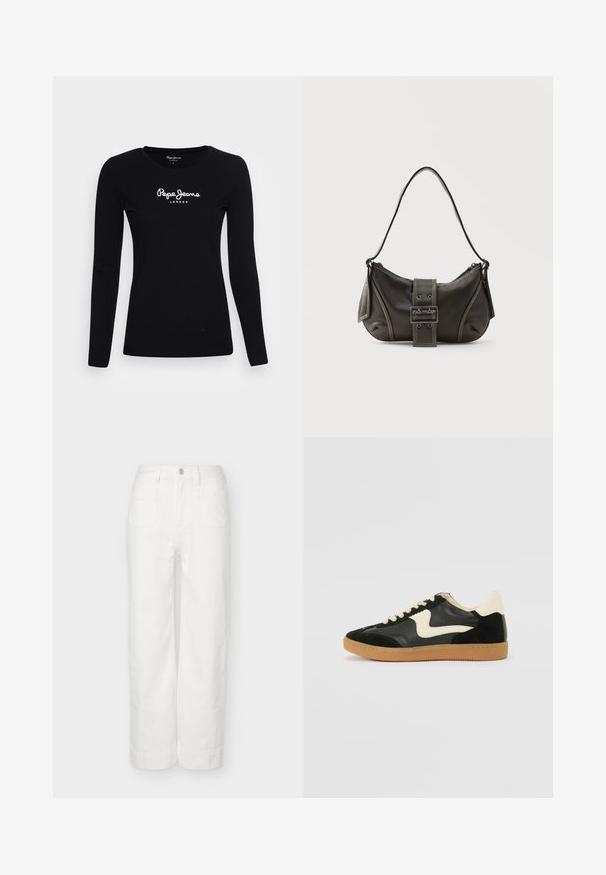 Camiseta de manga larga negra hecha de algodón, con cuello redondo y logo blanco "Pepe Jeans LONDON" en el centro.; Pantalones blancos de pierna ancha con cintura alta, botón y cremallera frontal, y dos bolsillos tipo parche delanteros, exhibidos sobre un fondo liso.; Zapatillas de deporte de ante y cuero negro con un swoosh lateral en crema y un talón en crema claro. Presenta cordones beige y una suela de goma marrón.; Bolso de hombro de cuero negro con detalle de correa con hebilla, bordes curvos y costuras blancas en contraste sobre un fondo liso.