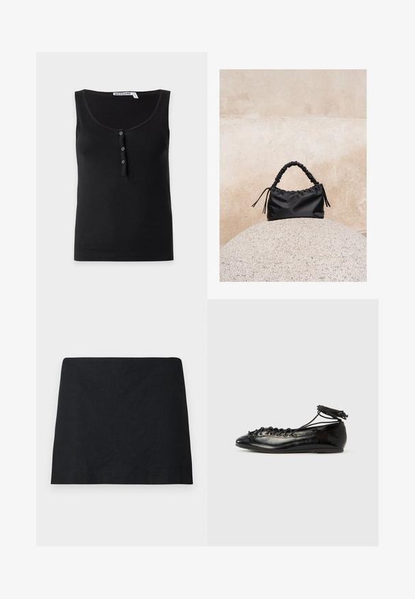 Débardeur noir sans manches avec encolure dégagée et trois petits boutons au centre devant. L'étiquette indique "WEEKDAY."; Mini-jupe noire à coupe droite, design simple sans motifs ni ornements visibles, présentée sur un fond blanc uni.; Ballerines en cuir verni noir avec un bout rond, un design à lacets et une semelle plate. Texture lisse avec peu de détails.; Sac à main noir froncé avec une poignée froncée, posé sur une sphère en pierre texturée devant un mur en béton beige.