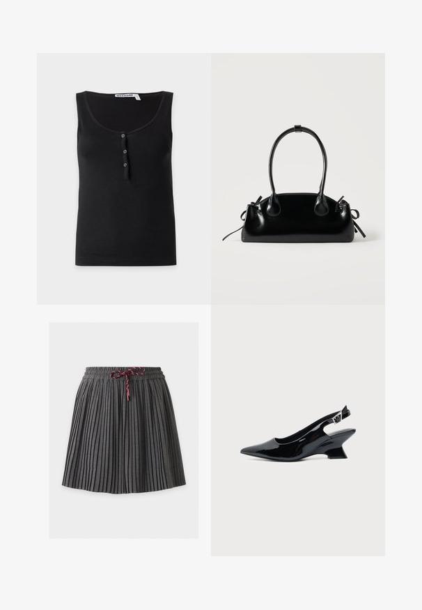 Débardeur noir sans manches avec encolure dégagée et trois petits boutons au centre devant. L'étiquette indique "WEEKDAY."; Jupe plissée gris foncé avec une taille élastique et un cordon bordeaux noué au centre devant.; Chaussure slingback en cuir verni noir avec bout pointu et petit talon bloc incliné sur fond clair uni.; Petit sac à main noir brillant avec deux longues anses et des détails à cordon sur les côtés sur un fond clair uni.