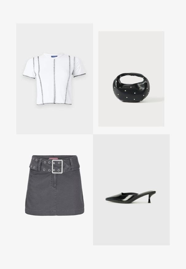 Hvid kortærmet t-shirt med sort syning, der har et cropped design og synlige sømlinjer. Blødt bomuldsstof, rund halsudskæring.; Grå bomulds mini skirt med et bredt bælte, der har sølv-lufthuller og en firkantet metalspænde, designet med en ren, lige silhuet.; Sorte patenterede lædermules med spids tå, lav kittenheel og buede sider, der har en glansfuld finish og minimalistisk design.; Sort læderhåndtaske med en rundet form, dekoreret med sølvnitter, og et kort håndtag. Glat tekstur og lynlåslukning.