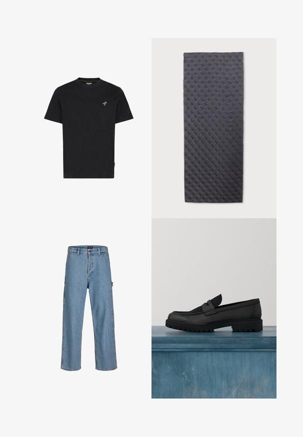 Sort bomulds T-shirt med rund hals og korte ærmer, med en lille broderet grøn palmetræ på venstre bryst.; Lysblå denim jeans med afslappet pasform, lige ben og klassisk taljebutton. Har sidelommer og subtile syninger.; Sort lædersko uden snørebånd med en tekstureret stofdetalje, en robust gummisål og en glat finish. Har diskrete syningsdetaljer.; Lang rektangulær mørkegrå tørklæde med et gentaget subtilt monogrammønster over hele overfladen.
