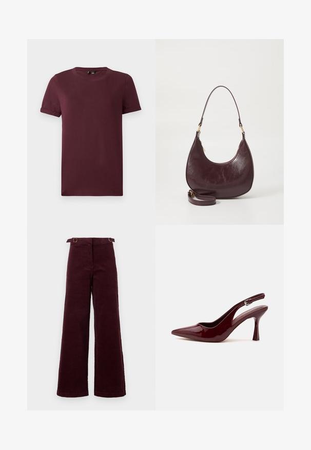 Bordeaux T-shirt van zachte katoen, met een ronde hals, korte mouwen en een relaxte pasvorm, met een gladde textuur en zonder zichtbare patronen.; Hoge taille, wijde corduroy broek in donker bordeaux met verstelbare gespsbanden bij de taille.; Glanzende donkerrode slingback pump met spitse neus, smalle verstelbare band en taps toelopende naaldhak op witte achtergrond.; Bordeaux leren schoudertas met een gebogen vorm, ritsluiting en een afneembare strap. Kenmerkt zich door een gladde textuur en gouden hardware accenten.