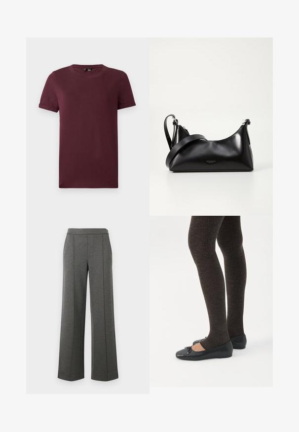 T-shirt bordeaux en coton doux, doté d'un col rond, de manches courtes et d'une coupe décontractée avec une texture lisse et sans motifs visibles.; Pantalons gris à larges jambes en tissu texturé, dotés d'une taille lisse et de coutures verticales, offrant une coupe décontractée et fluide.; Jambes portant des leggings côtelés foncés associés à des ballerines noires avec de petits détails en nœud sur fond blanc.; Sac à main en cuir noir avec une texture lisse. Dispose d'une bandoulière adjustable et d'un design élégant et minimaliste avec une fermeture éclair.