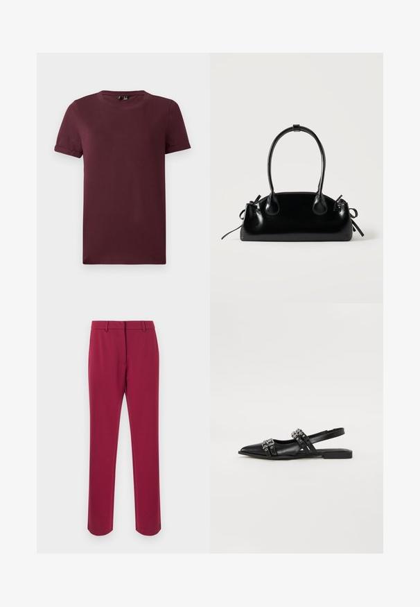 T-shirt bordeaux en coton doux, doté d'un col rond, de manches courtes et d'une coupe décontractée avec une texture lisse et sans motifs visibles.; Pantalon bordeaux en tissu lisse avec une coupe droite, équipé d'une ceinture, de passants pour ceinture et de poches latérales. Aucun détail décoratif.; Even&Odd by Zalando Ballerines à brides arrière - black; Petit sac à main noir brillant avec deux longues anses et des détails à cordon sur les côtés sur un fond clair uni.