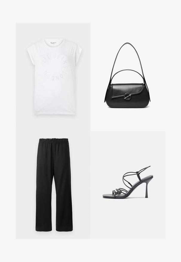 T-shirt en coton blanc avec un col rond et des manches courtes. Présente un design de texte circulaire en petits points portant l'inscription "Pepe Jeans London".; Pantalons noirs avec une coupe large, taille élastique avec cordon de serrage et tissu lisse et léger. Comprend des poches latérales.; Des sandales noires à talons hauts avec des fines lanières au design noué, un bout carré lisse et un talon aiguille élégant.; Sac à bandoulière en cuir noir avec un rabat incurvé fermé par un fermoir métallique rond et une sangle fine et ajustable.