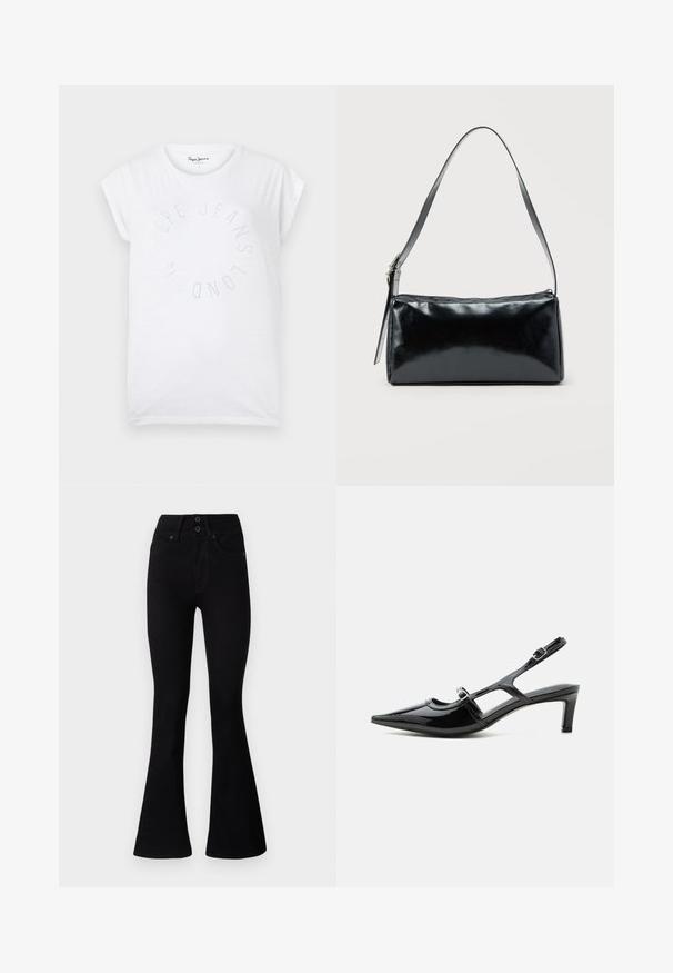 Witte katoenen T-shirt met een ronde halslijn en korte mouwen. Heeft een cirkelvormig tekstontwerp in kleine stippen met de tekst "Pepe Jeans London."; Pepe Jeans FLARE CONTOUR - Flared Jeans - black denim; Zwarte lakleren slingback schoen met een spits toelopende neus, lage hak en twee verstelbare gespen, zijaanzicht.; Zwarte rechthoekige schoudertas met een enkele verstelbare band en een bovenste ritssluiting op een effen achtergrond.