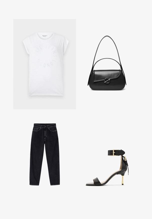 Weißes Baumwoll-T-Shirt mit rundem Ausschnitt und kurzen Ärmeln. Es verfügt über ein kreisförmiges Textdesign aus kleinen Punkten mit der Aufschrift "Pepe Jeans London".; Schwarze, hoch taillierte Jeans mit geradem Bein, vorne mit Knöpfen, Reißverschluss, Gürtelschlaufen und fünf Taschen, auf weißem Hintergrund dargestellt.; Schwarze Leder-Absatzsandale mit quadrater Zehenform, Fesselriemen mit einer goldenen Schnalle und einem schlanken, metallischen Absatz. Glatte Textur, minimalistisches Design.; Schwarze Lederschultertasche mit einer geschwungenen Klappe, die durch einen runden Metallverschluss gesichert ist, und einem schlanken, verstellbaren Riemen.