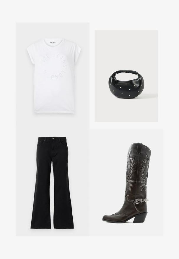 T-shirt en coton blanc avec un col rond et des manches courtes. Présente un design de texte circulaire en petits points portant l'inscription "Pepe Jeans London".; Jean en denim noir taille haute avec cinq poches et jambes évasées, affiché sur un fond blanc.; Botte de cowboy en cuir noir avec découpes décoratives, boucle argentée et talon incliné, présentée sur fond blanc.; Sac à main en cuir noir de forme arrondie, décoré de clous argentés et équipé d'une poignée courte. Texture lisse et fermeture éclair.