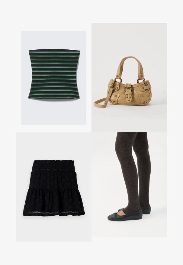 Housse de coussin rayée avec des bandes horizontales noires et vertes. Fabriquée en tissu doux avec une texture lisse et des bords arrondis.; Jupe en dentelle noire avec une taille élastique. Caractéristiques d'un design évasé et à plusieurs niveaux, avec une texture transparente, créant une apparence en couches.; Jambes portant des leggings côtelés foncés associés à des ballerines noires avec de petits détails en nœud sur fond blanc.; Sac à main en cuir beige avec double poignées, boucle en laiton et détails rivetés, ainsi qu'une bandoulière réglable sur fond blanc.