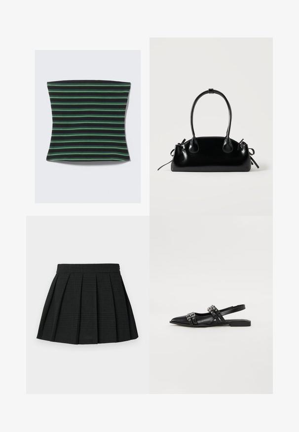 Housse de coussin rayée avec des bandes horizontales noires et vertes. Fabriquée en tissu doux avec une texture lisse et des bords arrondis.; Jupe plissée noire en tissu texturé. Dispose d'une taille et d'un léger motif écossais tout au long. Longueur courte avec des plis superposés.; Even&Odd by Zalando Ballerines à brides arrière - black; Petit sac à main noir brillant avec deux longues anses et des détails à cordon sur les côtés sur un fond clair uni.