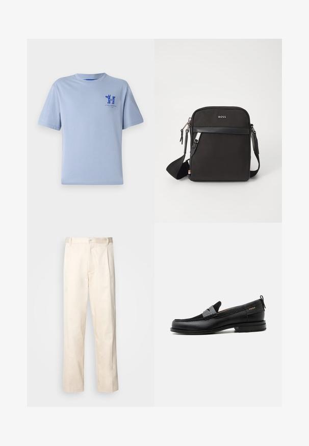 Camiseta de algodón de color azul claro con mangas cortas, escote redondo y gráfico impreso en azul en el pecho, que presenta texto y elementos de diseño.; Pantalones de algodón beige con corte recto, que cuentan con un cierre de botón y pliegues en la parte frontal para un detalle adicional.; Mocasín de cuero negro con detalle de tira gris, tacón bajo y suela texturizada, con la marca "HUGO" en oro en el lateral.; Bolso bandolero negro con un tejido texturizado, logo en la parte frontal, cierre de cremallera y correa ajustable. Presenta un ribete de cuero suave.