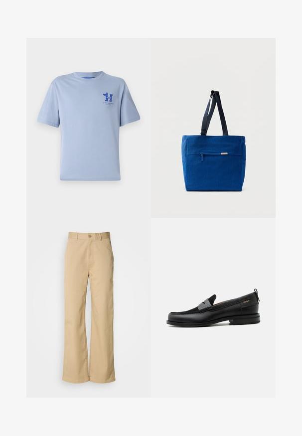 Hellblaues Baumwoll-T-Shirt mit kurzen Ärmeln, rundem Halsausschnitt und blauem Druckgrafik auf der Brust mit Text und Designelementen.; Beige, weit geschnittene Hosen aus einer Baumwollmischung. Mit einem Knopfverschluss und Gürtelschlaufen. Glatte Textur mit minimalen Nähten.; Schwarzer Lederloafer mit grauem Riemendetail, niedrigem Absatz und strukturierter Sohle, seitlich mit „HUGO“ in Gold gebrandmarkt.; Blaue Canvas-Einkaufstasche mit einer vorderen Reißverschlusstasche, doppelten Schulterriemen und rechteckiger Form. Verfügt über ein dezentes Markenlabel.