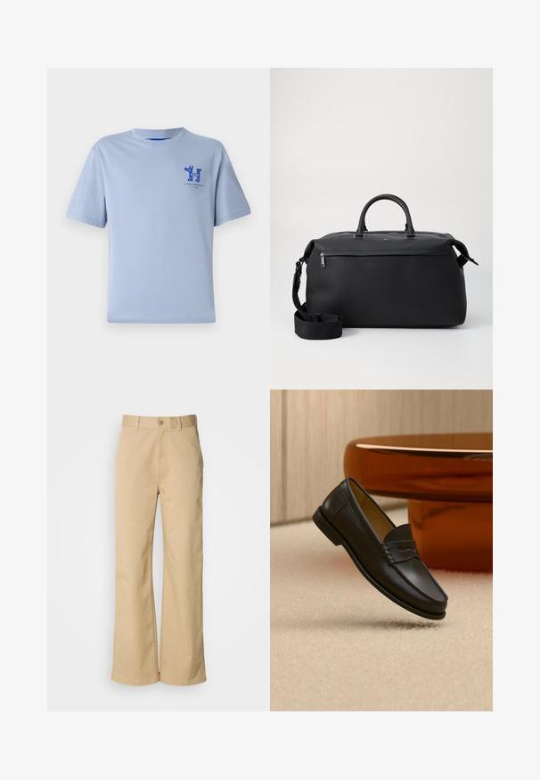 Hellblaues Baumwoll-T-Shirt mit kurzen Ärmeln, rundem Halsausschnitt und blauem Druckgrafik auf der Brust mit Text und Designelementen.; Beige, weit geschnittene Hosen aus einer Baumwollmischung. Mit einem Knopfverschluss und Gürtelschlaufen. Glatte Textur mit minimalen Nähten.; Schwarzer Leder-Loafer, der über einem hellbeigen Teppich schwebt, mit bernsteinfarbenen modernen Möbeln im Hintergrund.; Schwarze Leder-Reisetasche mit zwei Oberhandgriffen, einem abnehmbaren Schultergurt und einer Reißverschlusstasche auf der Vorderseite für zusätzlichen Stauraum.