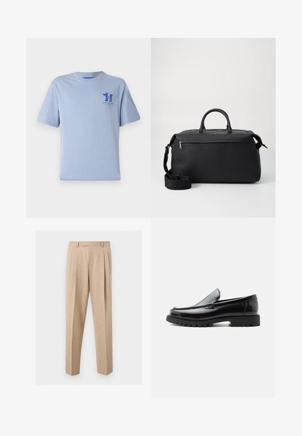 Hellblaues Baumwoll-T-Shirt mit kurzen Ärmeln, rundem Halsausschnitt und blauem Druckgrafik auf der Brust mit Text und Designelementen.; Beige maßgeschneiderte Hosen mit vorderen Falten, Gürtelschlaufen und geraden Beinen, vor einem schlichten hellen Hintergrund präsentiert.; Schwarzer Lederloafer mit grober Gummisohle, genähter Oberseite und geprägtem Markennamen an der Ferse, seitlich auf weißem Hintergrund gezeigt.; Schwarze Leder-Reisetasche mit zwei Oberhandgriffen, einem abnehmbaren Schultergurt und einer Reißverschlusstasche auf der Vorderseite für zusätzlichen Stauraum.