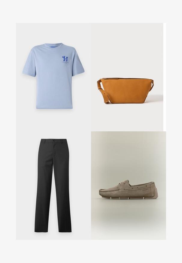 Camiseta de algodón de color azul claro con mangas cortas, escote redondo y gráfico impreso en azul en el pecho, que presenta texto y elementos de diseño.; Samsøe Samsøe SAJOHNNY TROUSERS - Pantalones - turkish coffee; Mocasín de ante beige con costuras tipo moc toe, detalle de cordones, suela segmentada y logo de Calvin Klein en el lateral y en la lengüeta del talón.; Bolso bandolera de cuero marrón claro con correa ajustable y cierre de cremallera, mostrado sobre un fondo claro y liso.