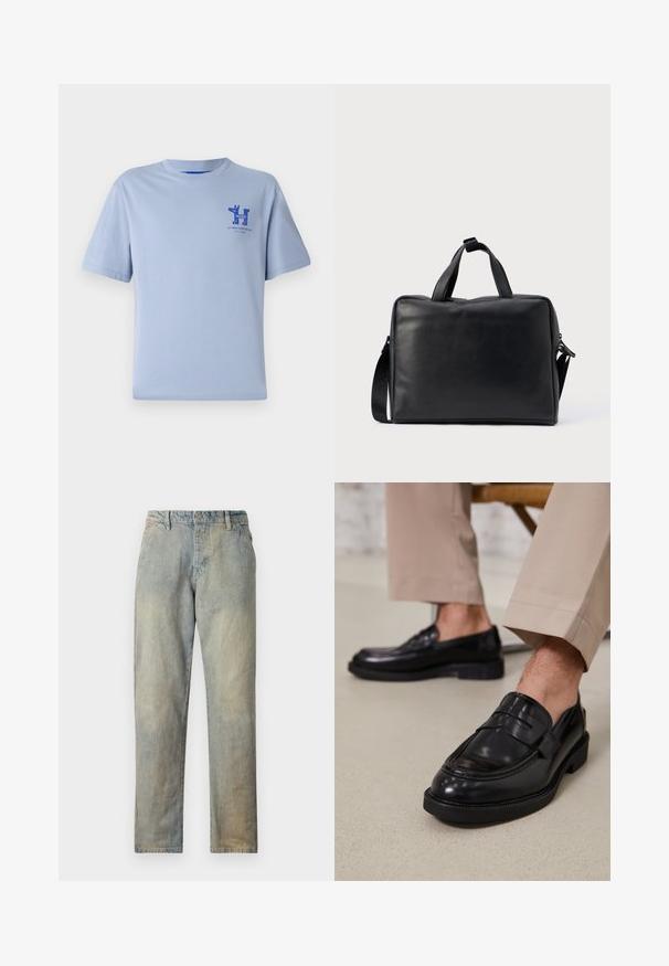 Lyseblå bomulds t-shirt med korte ærmer, rund halsudskæring og blåt trykt grafik på brystet med tekst og designelementer.; Lysblå denimjeans med lige ben, som har knap- og lynlås-lukning, let slidte områder og ingen synlige dekorationer.; Sorte lædermokkasiner med en glat overflade, der har en dekorativ rem og kontraststing, parret med beige bukser.; Sort lædertaske med rektangulært design, to håndtag, aftagelig skulderrem og få dekorationer.