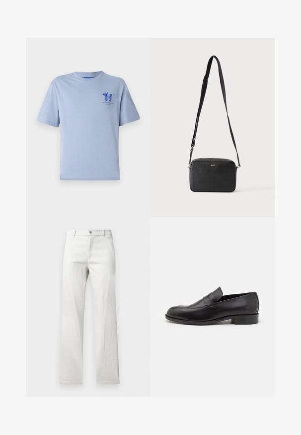 Camiseta de algodón de color azul claro con mangas cortas, escote redondo y gráfico impreso en azul en el pecho, que presenta texto y elementos de diseño.; Pantalones grises claros con un diseño de pierna recta, fabricados en una tela suave, con cierre frontal de botón y bolsillos laterales.; Mocasines de cuero negro con punta redondeada y detalles de costura sutiles. Textura suave y tacón bajo con marca en la parte trasera.; Bolso bandolera rectangular negro con correa ajustable y logo BOSS en la parte delantera, sobre un fondo claro liso.