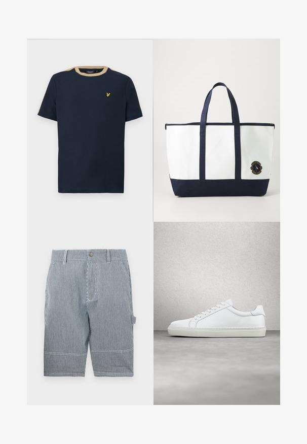 Marineblauwe t-shirt van katoen met een ronde halslijn en korte mouwen. Heeft een tan-kleurige bies en een klein, goud geborduurd logo.; Gestreepte shorts in marineblauw en wit, met een riemlus, knoopsluiting, twee zijzakken en een rechte snit die net boven de knie eindigt.; Witte sneaker met een gladlederen bovenwerk en een laag profiel. Voorzien van een ronde neus, zes vetergaatjes en een gestructureerde rubberen zool.; Tote bag van wit canvas met marineblauwe accenten. Voorzien van twee stevige handvaten en een logo patch op de voorkant. Rechthoekige vorm.