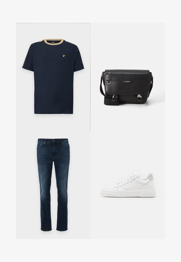 Mørkeblå t-shirt lavet af bomuld med rund halsudskæring og korte ærmer. Har en sandfarvet kant og et lille guld broderet logo.; Mørkeblå denim jeans med lige snit, medium taljehøjde, fem lommer og stikninger. Glat tekstur med let slidte accenter.; Hvide lædersneakers med en glat finish, rund tå, flade snørebånd og en struktureret sål. Grå ruskindsdetalje ved hælen.; Sort tekstureret Lacoste messengertaske med justerbar rem, frontklap, lynlås lomme og metalspænder.
