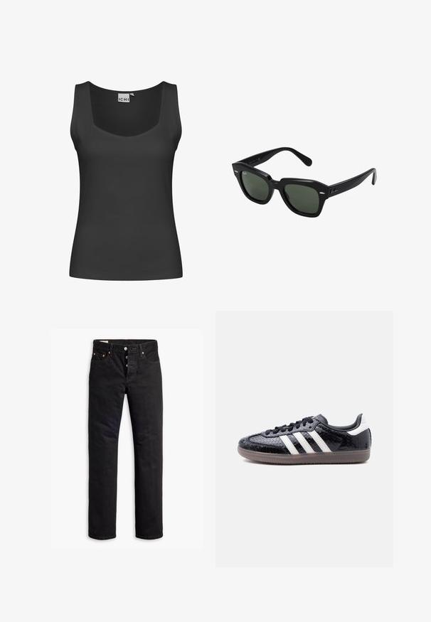 Débardeur sans manches noir avec un col carré et une texture côtelée. Design simple sans embellissements ni motifs.; Jean en denim noir à coupe droite, avec un design à cinq poches et une fermeture éclair à boutons. Présente des rivets en cuivre et des accents de broderie.; Baskets noires profilées avec motif en relief imitation peau de serpent, bandes blanches sur le côté, lacets noirs et semelle translucide marron.; Lunettes de soleil carrées noires avec des verres vert foncé, présentant des montures audacieuses et des accents argentés sur les côtés. Fabriquées en Italie.