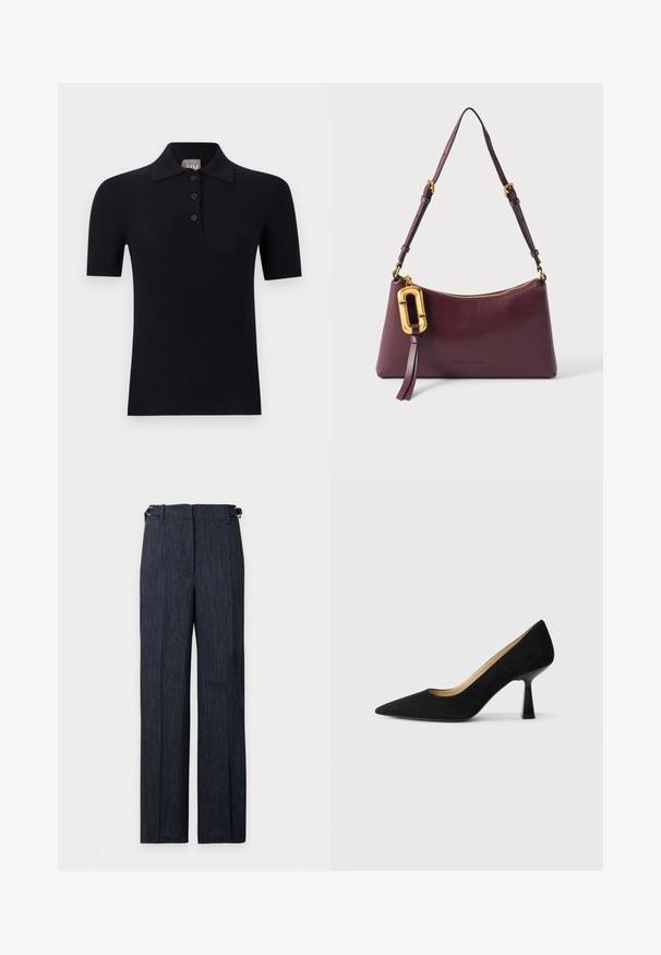 Polo noir à manches courtes avec une patte de boutonnage trois boutons et un col, présenté sur un fond clair uni.; Pantalon droit bleu marine à fines rayures avec boucles de réglage latérales, présenté à plat sur fond blanc.; Pompe à talons hauts en suède noir avec un bout pointu, dotée d'un talon bloc noir brillant et d'une doublure intérieure lisse.; Sac à bandoulière en cuir violet foncé avec une sangle réglable, une fermeture éclair dorée et une grande boucle décorative dorée avec un pompon en cuir.
