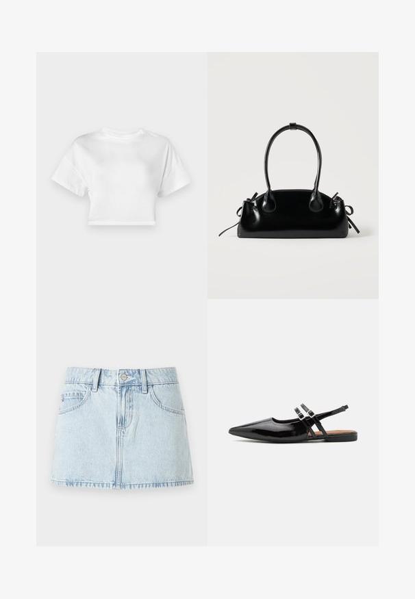 Witte cropped t-shirt van katoen. Korte mouwen, ronde halslijn, gladde textuur, casual ontwerp zonder patronen of versieringen.; Lichtblauwe denim mini-rok met een knoopsluiting aan de voorkant, riemlussen en voorzakken, getoond op een witte achtergrond.; Zwarte gepatineerde leren slingback schoenen hebben een spitse neus, twee banden met gespsieraden en een platte zool.; Kleine zwarte glanzende handtas met twee lange hengsels en zijkant trekkoord details op een effen lichte achtergrond.