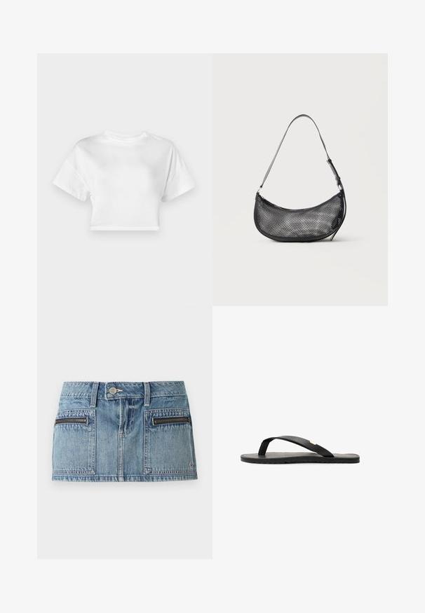 Witte cropped t-shirt van katoen. Korte mouwen, ronde halslijn, gladde textuur, casual ontwerp zonder patronen of versieringen.; Lichtblauwe denim minirok met knopen aan de voorkant, ritssluiting, twee voorzakken met ritssluiting en riemlussen.; Zwarte flip-flop sandaal met een platte zool, zwarte textuur inlegzool, gladde bandjes en een kleine gouden accent bij de teenpost.; Kleine zwarte mesh schoudertas in halve maanvorm met verstelbare dunne band, tegen een effen lichte achtergrond.