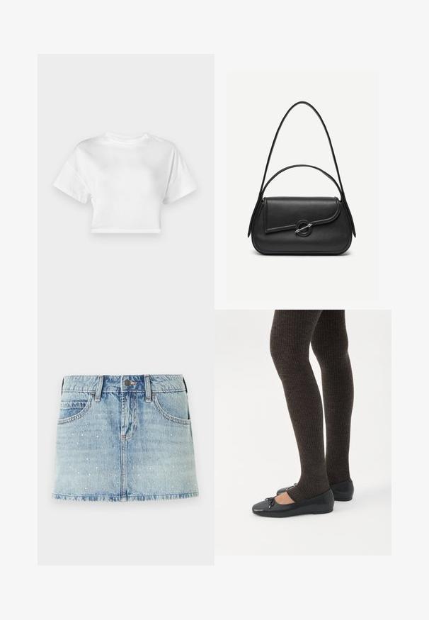 Hvid cropped t-shirt lavet af bomuld. Korte ærmer, rund halsudskæring, glat tekstur, afslappet design uden mønstre eller pynt.; Lyseblå denim mini nederdel med spredte sølvnitter, femlomme-design og frynset kant. Knaplukning ved taljen.; Ben iført mørke ribbede leggings kombineret med sorte balletsko med små sløjfedetaljer på hvid baggrund.; Sort læderhåndtaske med afrundede kanter, asymmetrisk klap, metalcirkulært spænde samt både korte og lange skulderstropper.