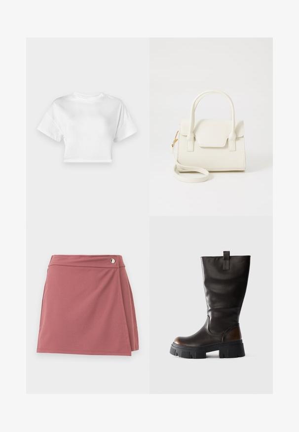 Camiseta corta blanca de algodón. Mangas cortas, escote redondo, textura suave, diseño casual sin patrones ni adornos.; Falda corta cruzada color rosa polvo con un pequeño botón plateado cerca de la cintura sobre un fondo claro y liso.; Bota alta de cuero negro con suela de plataforma negra gruesa y detalle marrón en el tacón, vista lateral sobre fondo gris claro.; Bolso pequeño blanco con doble asa, solapa frontal y correa de hombro desmontable con cierre dorado sobre fondo blanco liso.