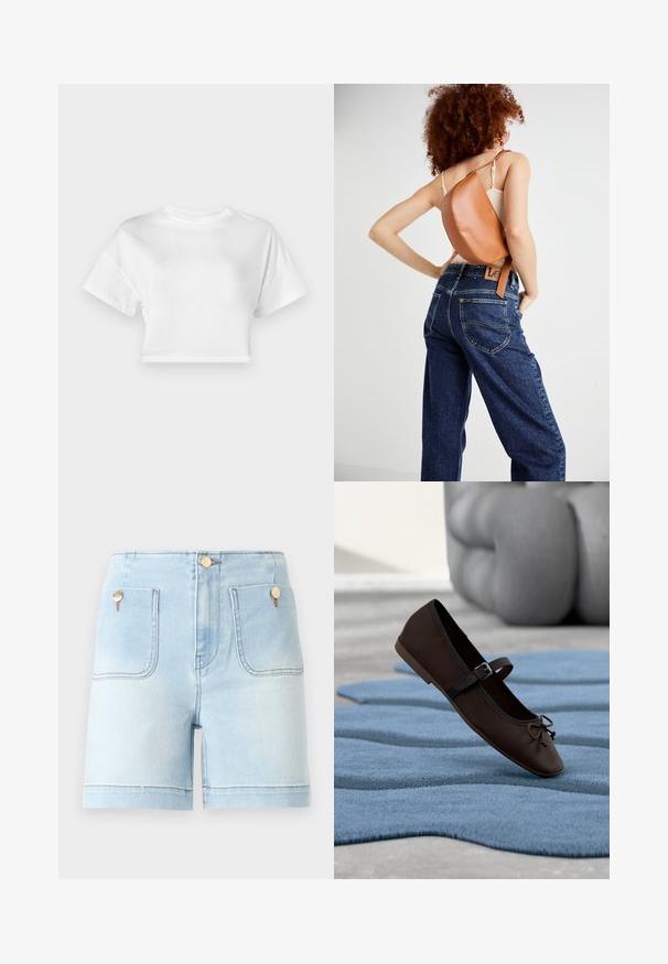 Hvid cropped t-shirt lavet af bomuld. Korte ærmer, rund halsudskæring, glat tekstur, afslappet design uden mønstre eller pynt.; Lysblå jeansshorts med høj talje, der har to forlommer, gyldne metaldetaljer og en ren kant.; Mørkebrun Mary Jane-flad sko med spænde og sløjfedetalje, der hviler på en bølget blå tekstureret tæppe med grå polstret sofa i baggrunden.; Brun læder rygsæk med et unikt buet design. Båret diagonalt, parret med højlivet blå denimjeans med gul syning.