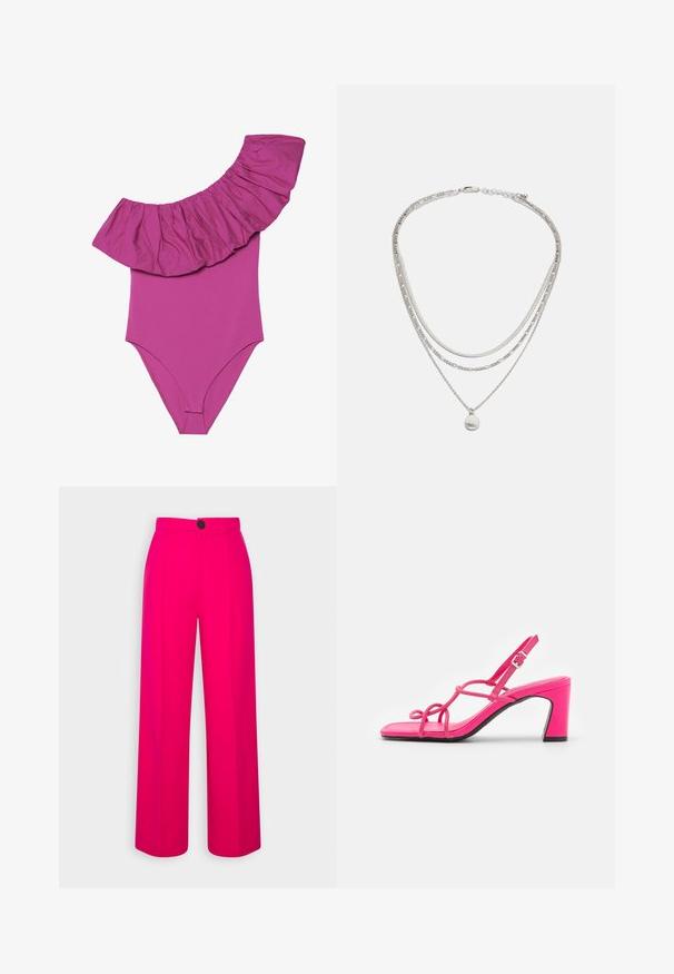 En-delt badedragt i klar pink, med brede volangdetaljer på skuldrene og en glat, tætsiddende pasform. Blødt, strækbart stof.; Fuchsia brede bukser med høj talje, frontfald og en enkelt sort knaplukning. Glat tekstur og skræddersyet design.; Marks & Spencer CERISE STRAPPY - Sandaler - cerise; Sølvbelagt halskæde med flere kædetyper, herunder en glat kæde og en perlekæde, med en lille rund vedhæng.