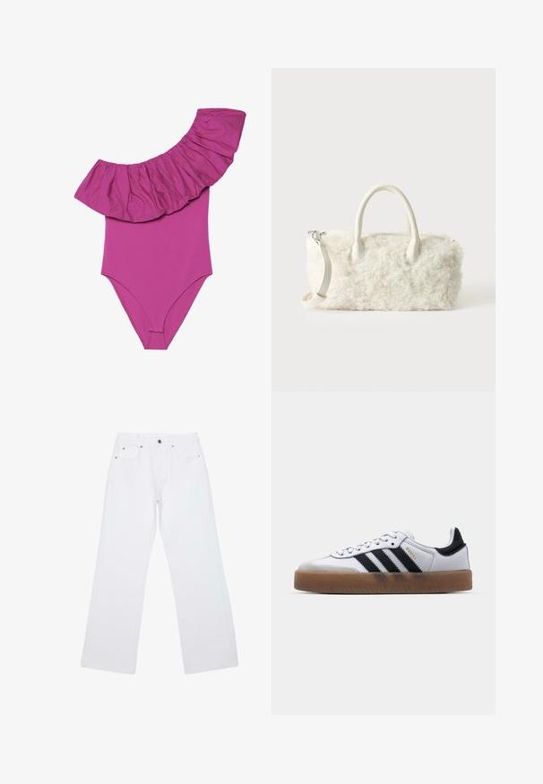 En-delt badedragt i klar pink, med brede volangdetaljer på skuldrene og en glat, tætsiddende pasform. Blødt, strækbart stof.; Hvide jeans med lige ben, fem lommer, bæltestropper og lukning foran med knap og lynlås, lagt fladt på en hvid baggrund.; Hvide lædersneakers med sorte striber, gummirubber sål, rund tå, snørelukning og blød grå ruskinds tåhætte.; Lille hvid håndtaske med krøllet pelsstruktur, dobbelte håndtag og en aftagelig skulderrem mod en enkel lys baggrund.